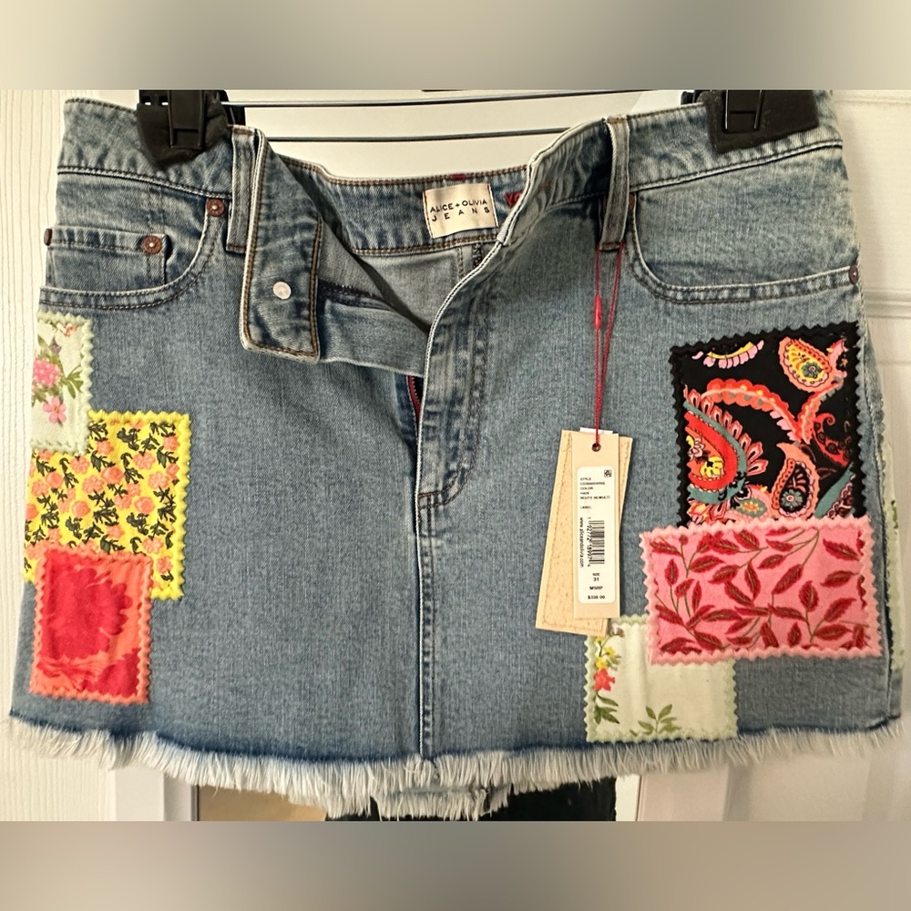 Alice + Olivia Light Wash Denim Patchwork Mini Skirt - Multicolor